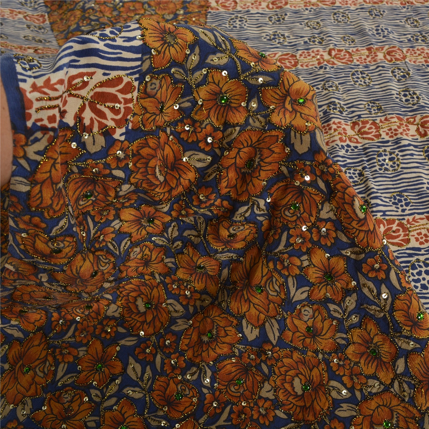 Sanskriti Vintage Sarees Blue 100% Pure Crepe Silk Printed Sari 5yd Craft Fabric