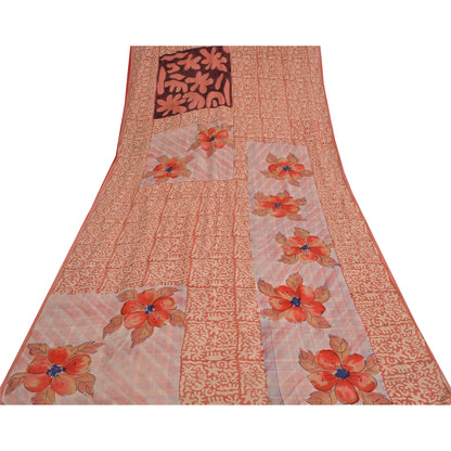 Sanskriti Vintage Sarees Peach 100%Pure Crepe Silk Printed Sari 5yd Craft Fabric