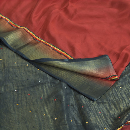 Sanskriti Vintage Sarees Red Pure Crepe Silk Hand Beaded Woven Sari Craft Fabric