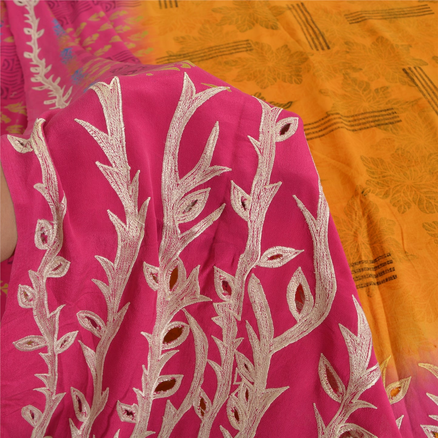 Sanskriti Vintage Sarees Yellow/Pink Pure Crepe Silk Print Sari 5yd Craft Fabric