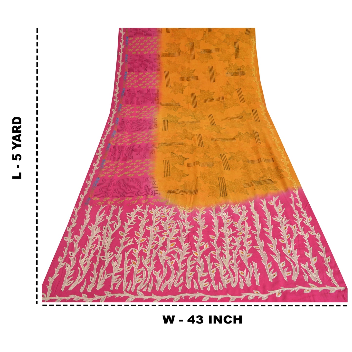 Sanskriti Vintage Sarees Yellow/Pink Pure Crepe Silk Print Sari 5yd Craft Fabric