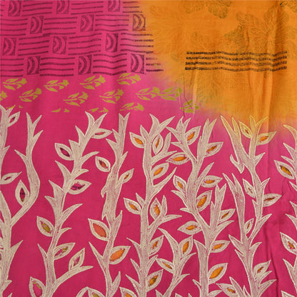 Sanskriti Vintage Sarees Yellow/Pink Pure Crepe Silk Print Sari 5yd Craft Fabric