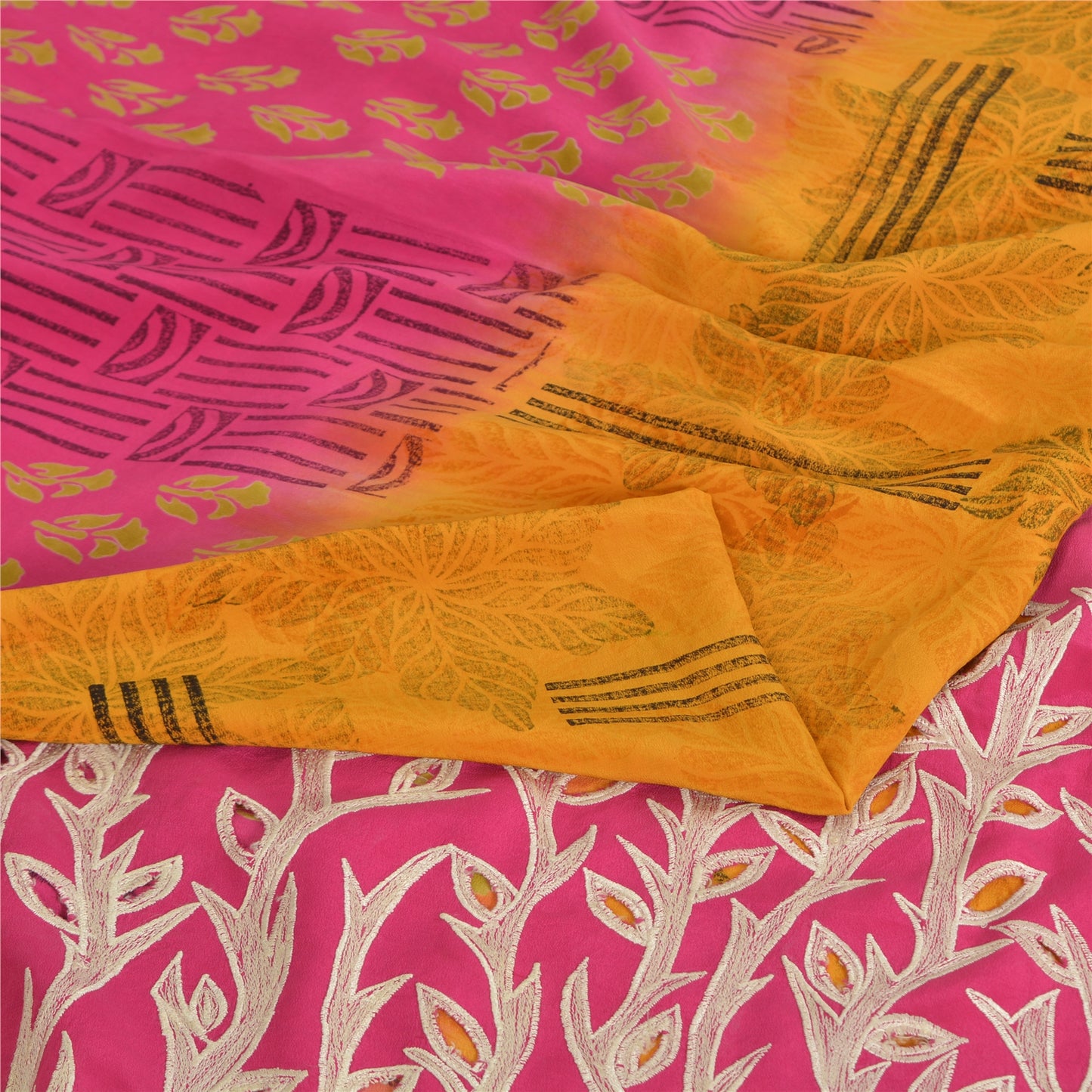 Sanskriti Vintage Sarees Yellow/Pink Pure Crepe Silk Print Sari 5yd Craft Fabric