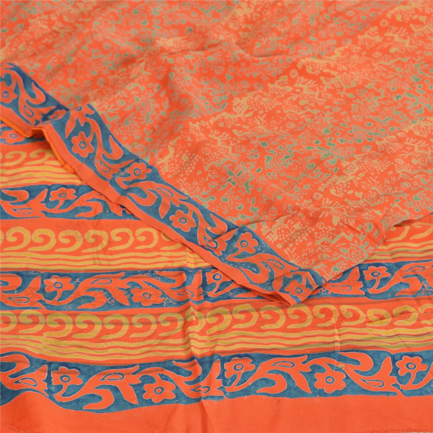 Sanskriti Vintage Sarees Orange/Blue Pure Crepe Printed Sari 5yd Craft Fabric