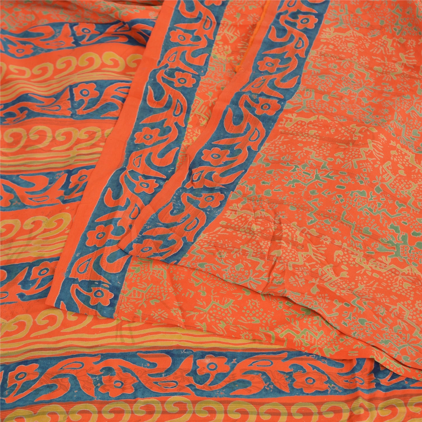 Sanskriti Vintage Sarees Orange/Blue Pure Crepe Printed Sari 5yd Craft Fabric