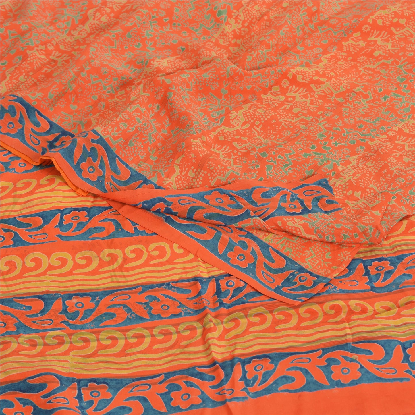 Sanskriti Vintage Sarees Orange/Blue Pure Crepe Printed Sari 5yd Craft Fabric