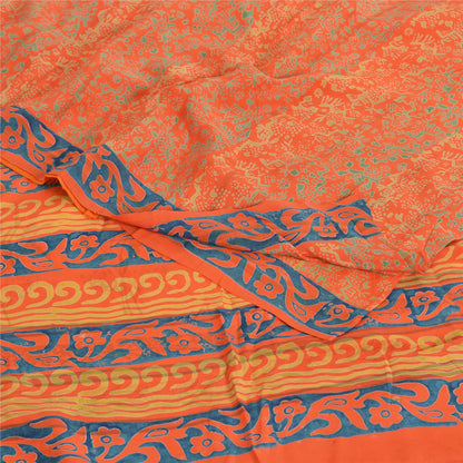 Sanskriti Vintage Sarees Orange/Blue Pure Crepe Printed Sari 5yd Craft Fabric