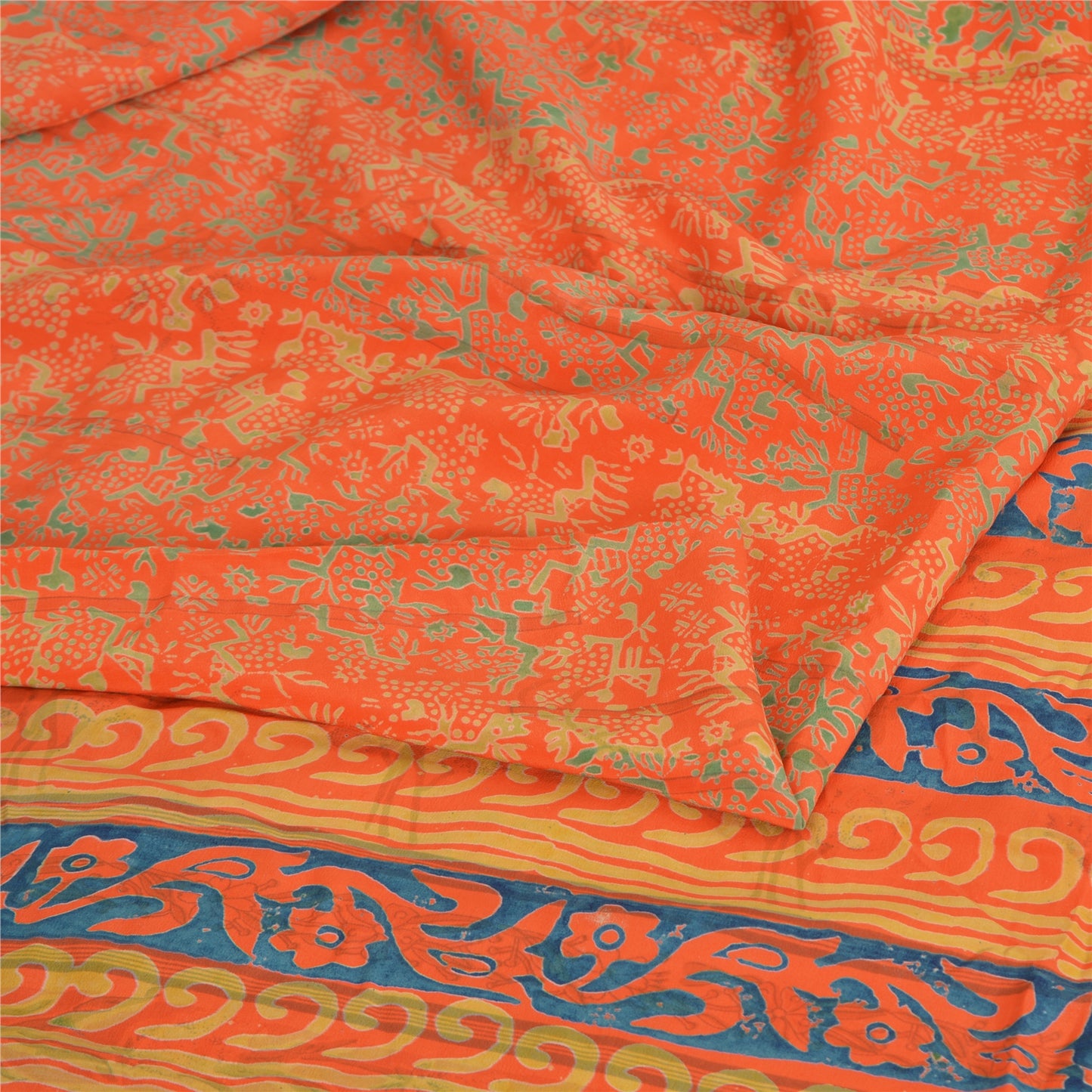 Sanskriti Vintage Sarees Orange/Blue Pure Crepe Printed Sari 5yd Craft Fabric