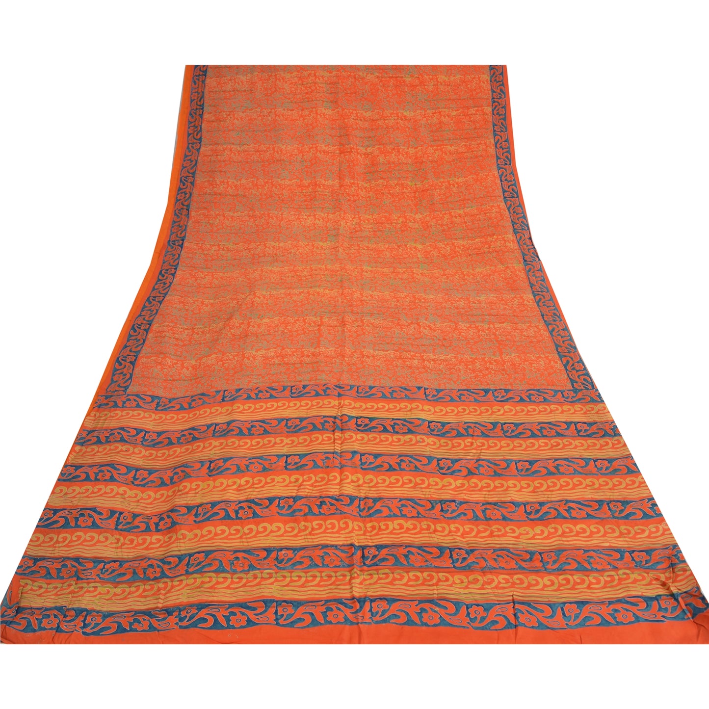 Sanskriti Vintage Sarees Orange/Blue Pure Crepe Printed Sari 5yd Craft Fabric