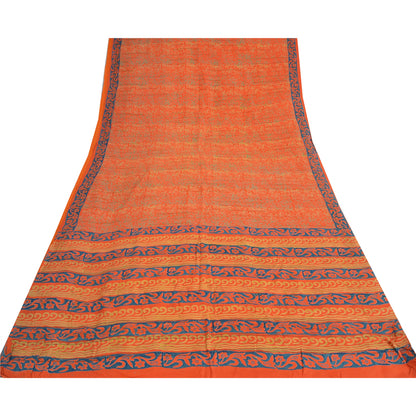 Sanskriti Vintage Sarees Orange/Blue Pure Crepe Printed Sari 5yd Craft Fabric