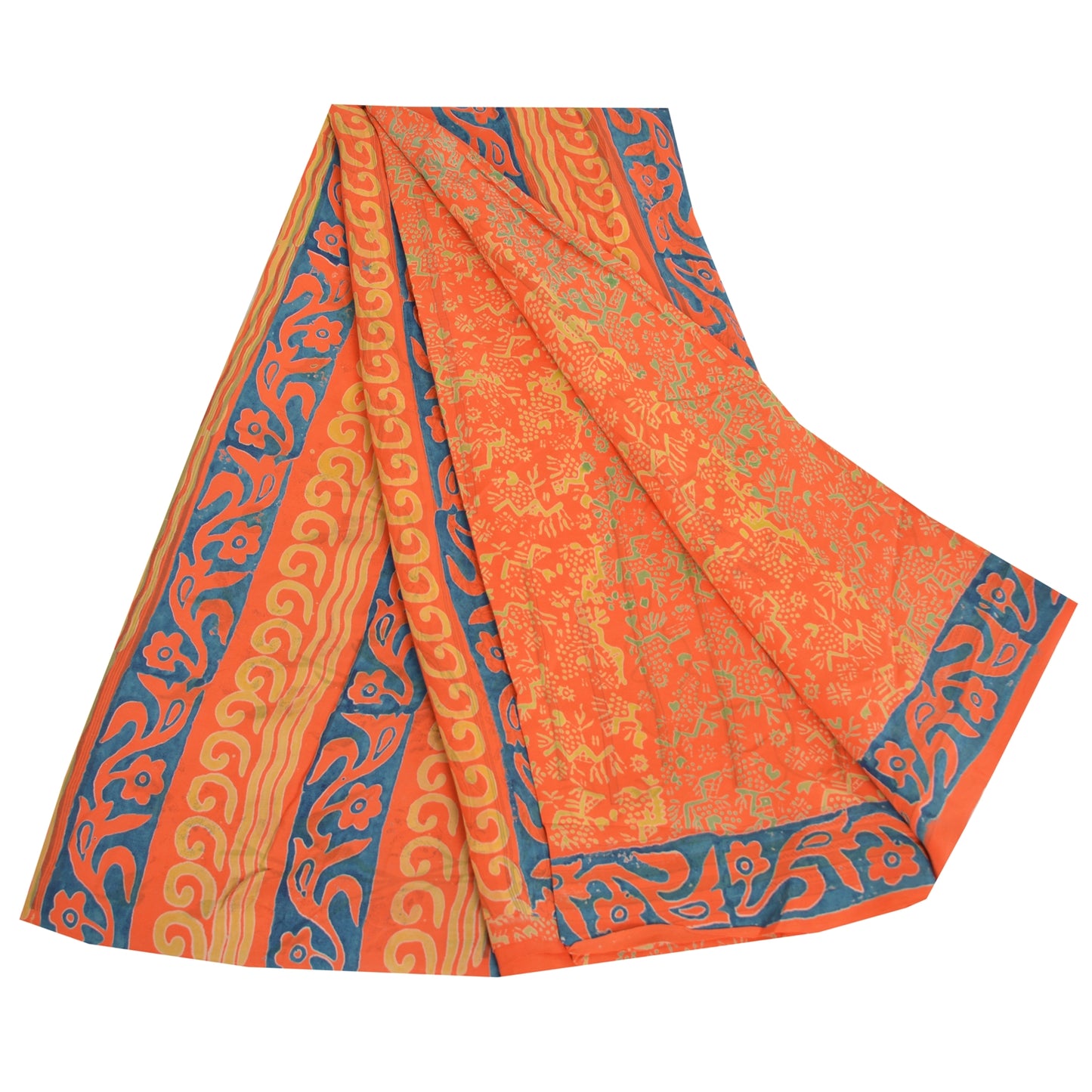 Sanskriti Vintage Sarees Orange/Blue Pure Crepe Printed Sari 5yd Craft Fabric