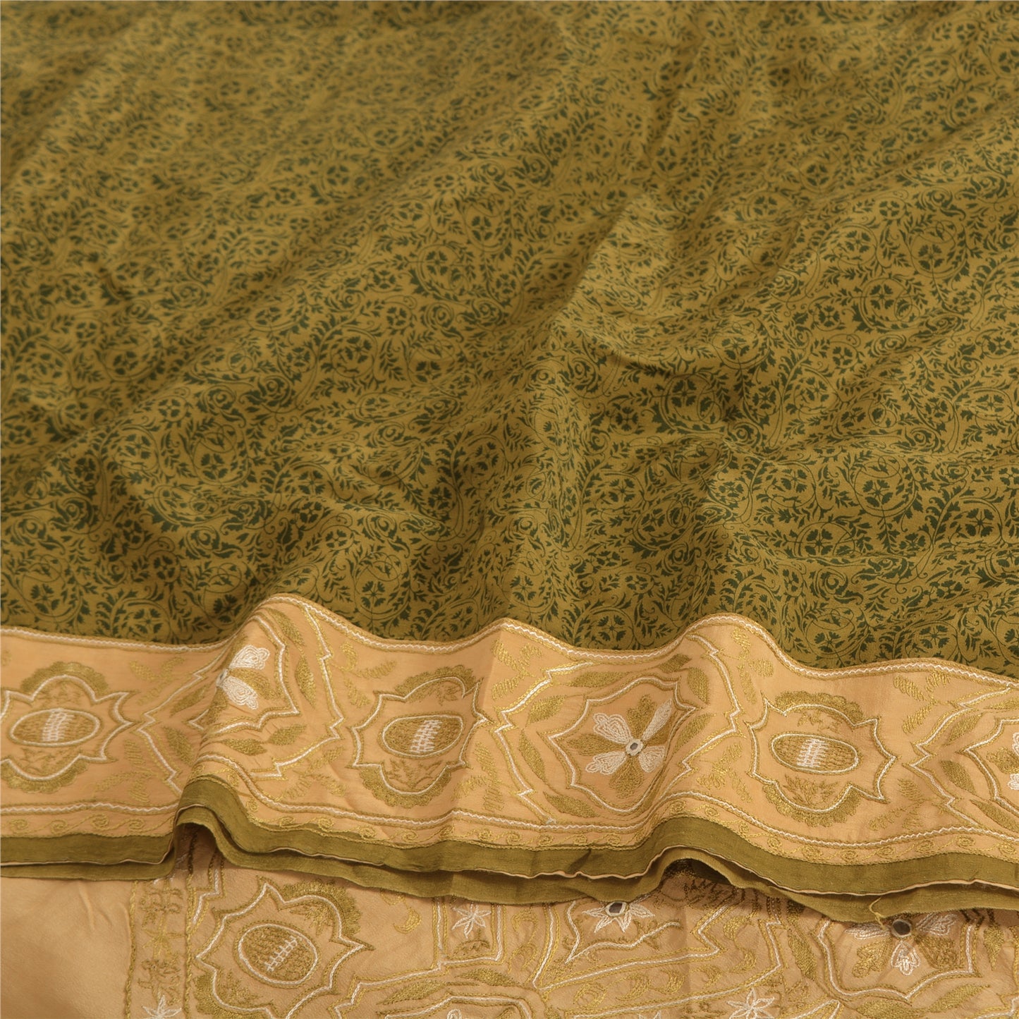 Sanskriti Vintage Sarees Green/Cream Pure Crepe Printed Sari 5yd Craft Fabric