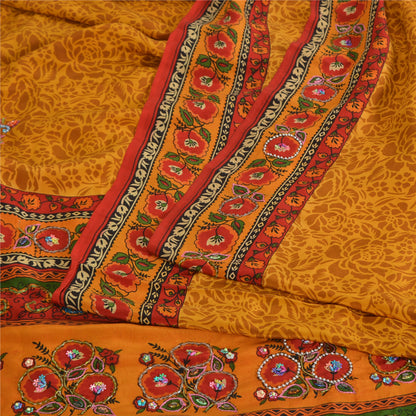 Sanskriti Vintage Sarees Yellow Pure Crepe Print Hand Bead Sari 5yd Craft Fabric