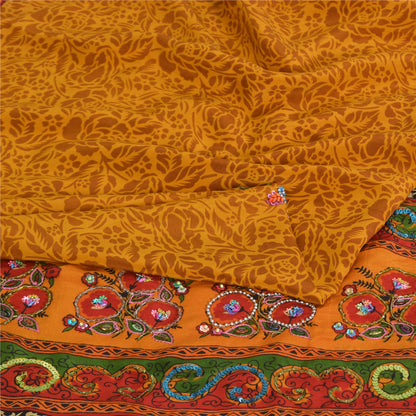 Sanskriti Vintage Sarees Yellow Pure Crepe Print Hand Bead Sari 5yd Craft Fabric