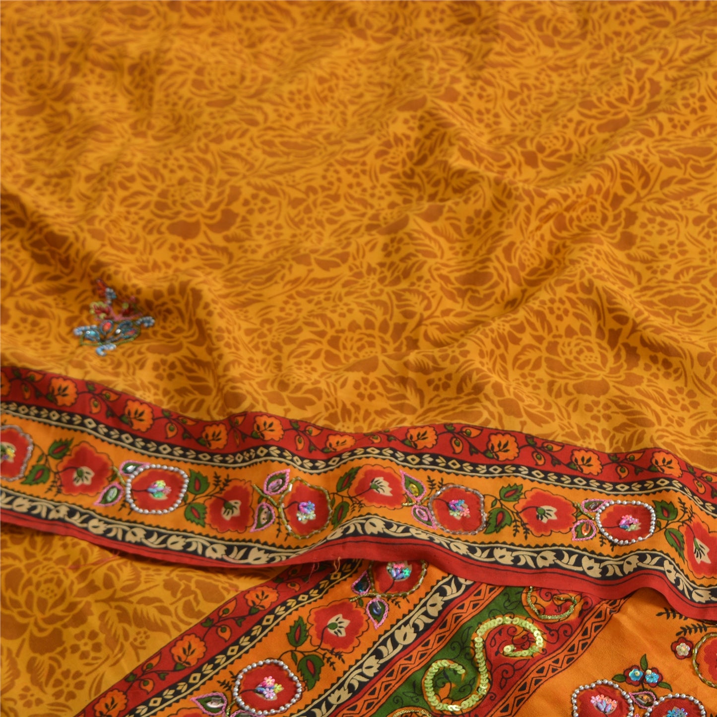 Sanskriti Vintage Sarees Yellow Pure Crepe Print Hand Bead Sari 5yd Craft Fabric