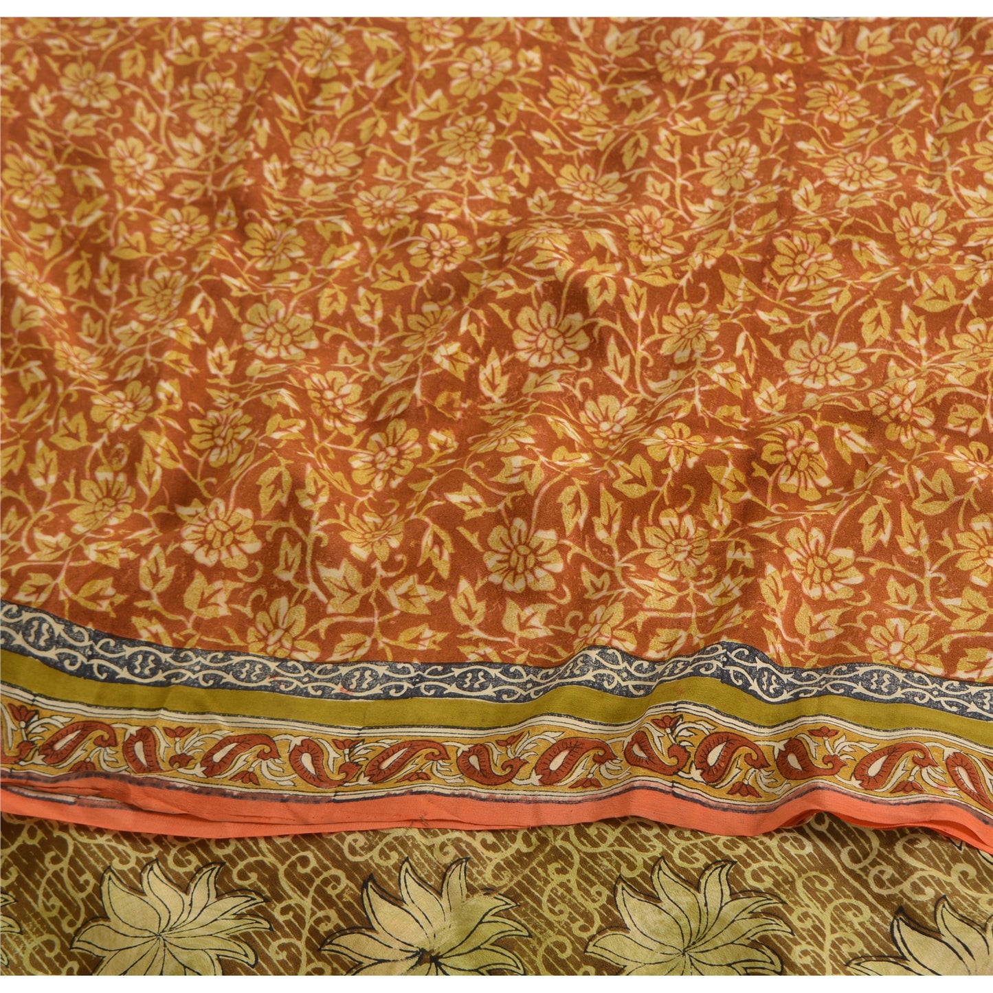 Sanskriti Vintage Sarees Orange Pure Crepe Silk Printed Sari 5yd Craft Fabric