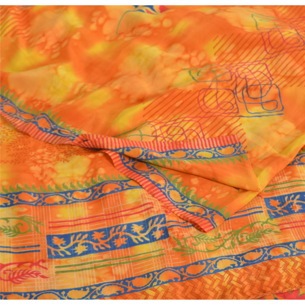 Sanskriti Vintage Sarees Orange Pure Crepe Silk Printed Sari 5yd Craft Fabric