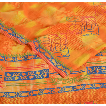 Sanskriti Vintage Sarees Orange Pure Crepe Silk Printed Sari 5yd Craft Fabric