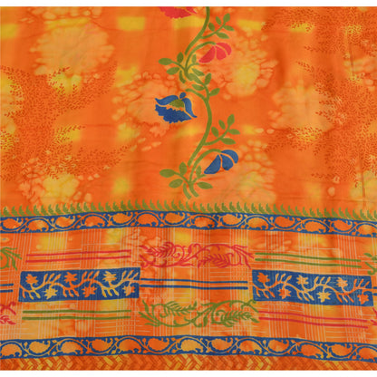 Sanskriti Vintage Sarees Orange Pure Crepe Silk Printed Sari 5yd Craft Fabric