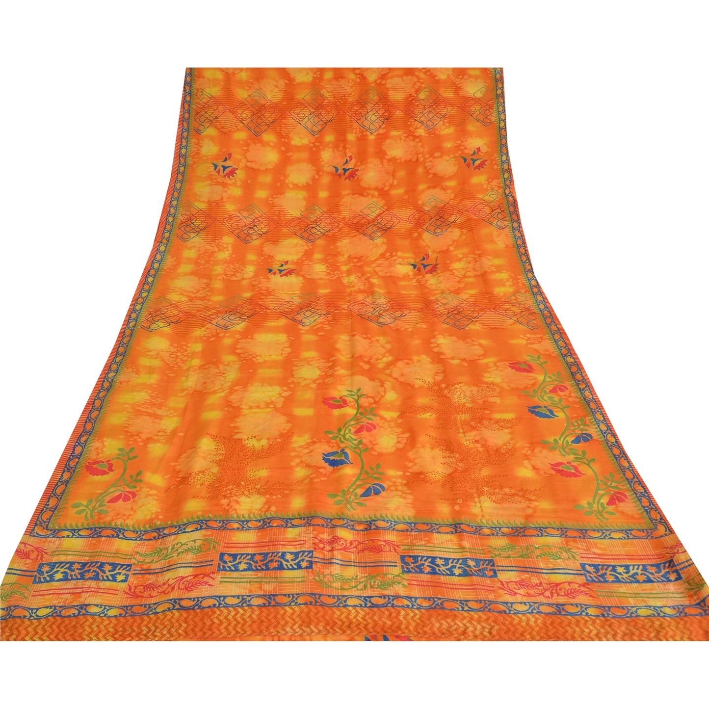 Sanskriti Vintage Sarees Orange Pure Crepe Silk Printed Sari 5yd Craft Fabric