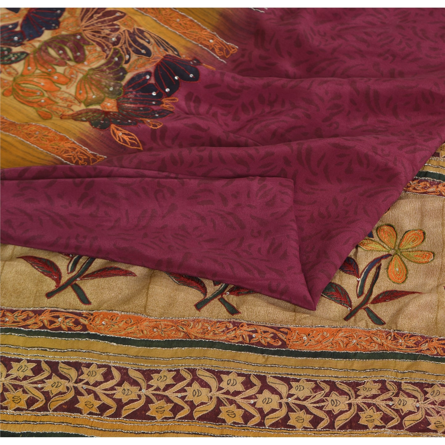 Sanskriti Vintage Sarees Purple Pure Crepe Printed Embroidered Sari 5yd Fabric