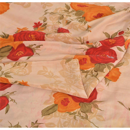 Sanskriti Vintage Sarees Peach Pure Crepe Silk Printed Sari 5yd Craft Fabric