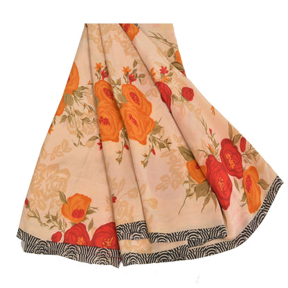 Sanskriti Vintage Sarees Peach Pure Crepe Silk Printed Sari 5yd Craft Fabric