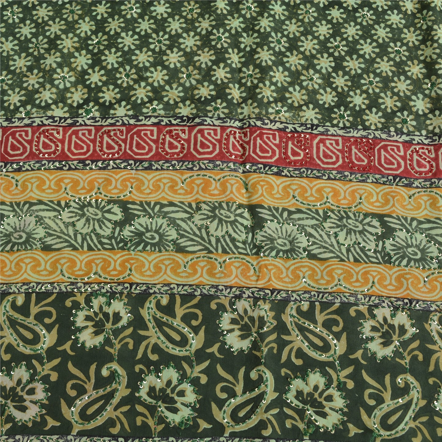 Sanskriti Vintage Sarees Green Pure Crepe Printed Embroidered Sari 5yd Fabric