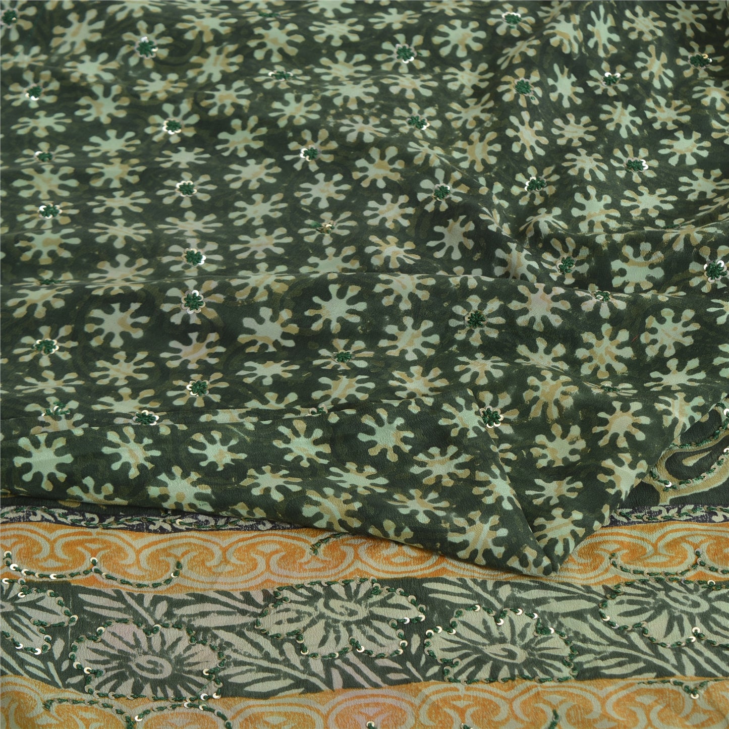 Sanskriti Vintage Sarees Green Pure Crepe Printed Embroidered Sari 5yd Fabric