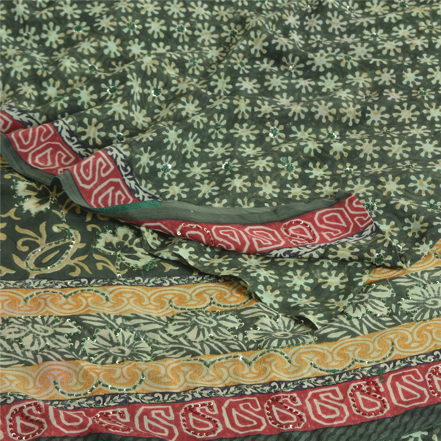 Sanskriti Vintage Sarees Green Pure Crepe Printed Embroidered Sari 5yd Fabric