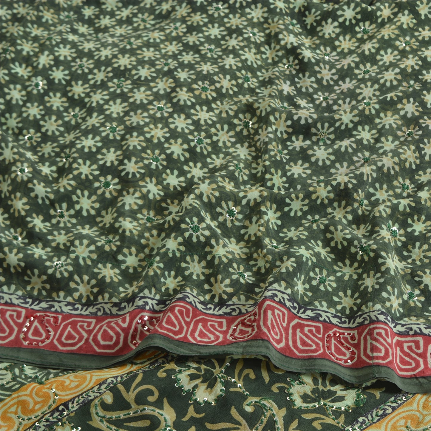 Sanskriti Vintage Sarees Green Pure Crepe Printed Embroidered Sari 5yd Fabric