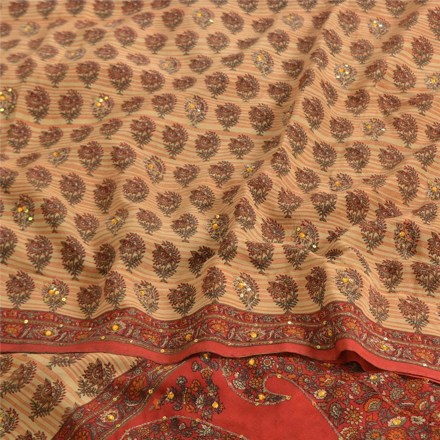 Sanskriti Vintage Sarees Beige Pure Crepe Hand Beads Print Sari 5yd Craft Fabric