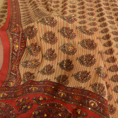 Sanskriti Vintage Sarees Beige Pure Crepe Hand Beads Print Sari 5yd Craft Fabric