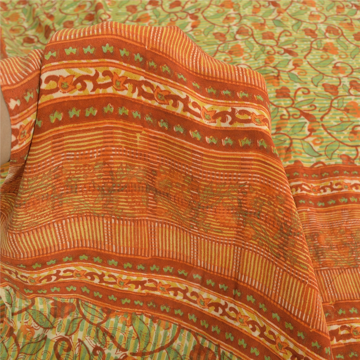 Sanskriti Vintage Sarees Green/Orange Pure Crepe Printed Sari 5yd Craft Fabric