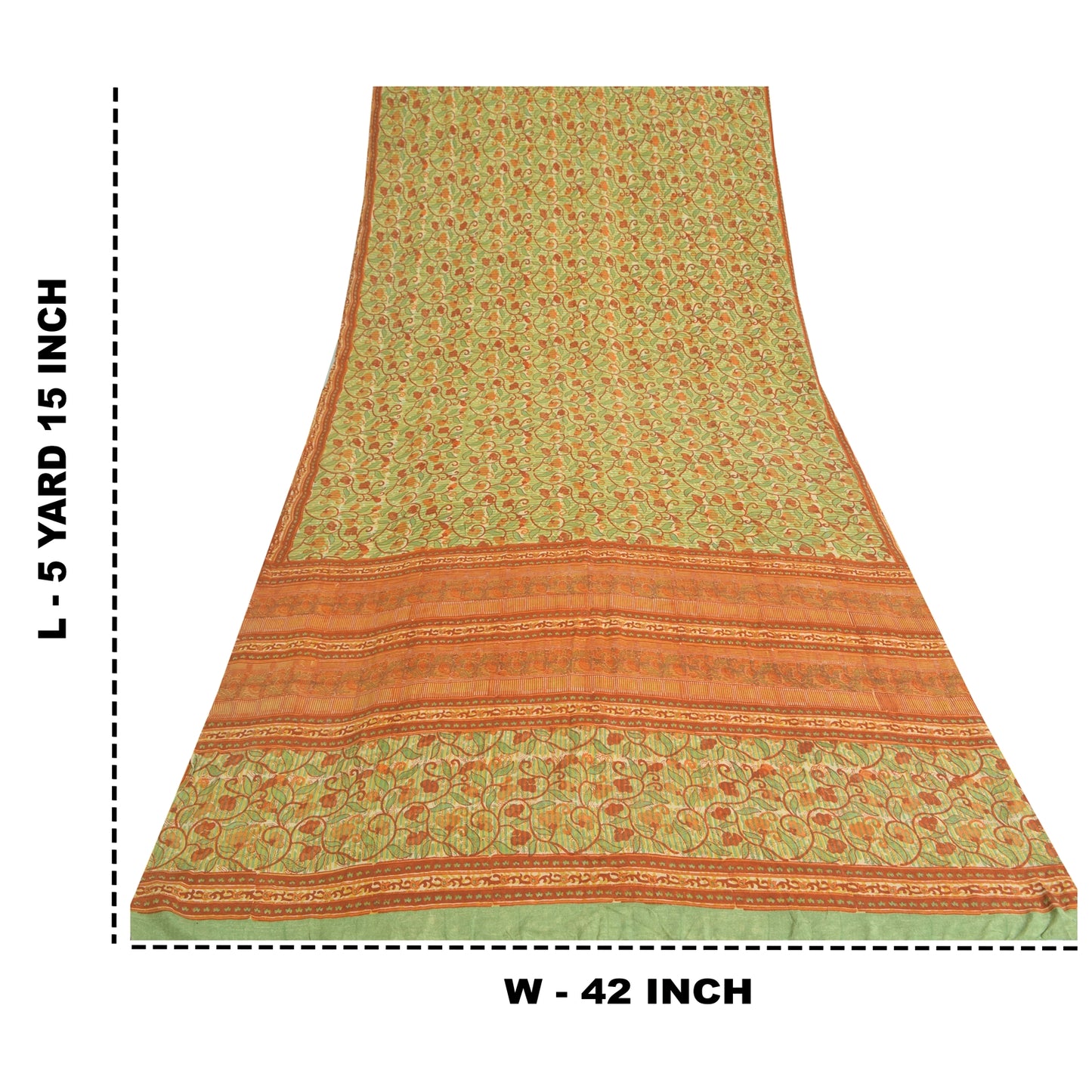 Sanskriti Vintage Sarees Green/Orange Pure Crepe Printed Sari 5yd Craft Fabric