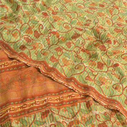 Sanskriti Vintage Sarees Green/Orange Pure Crepe Printed Sari 5yd Craft Fabric