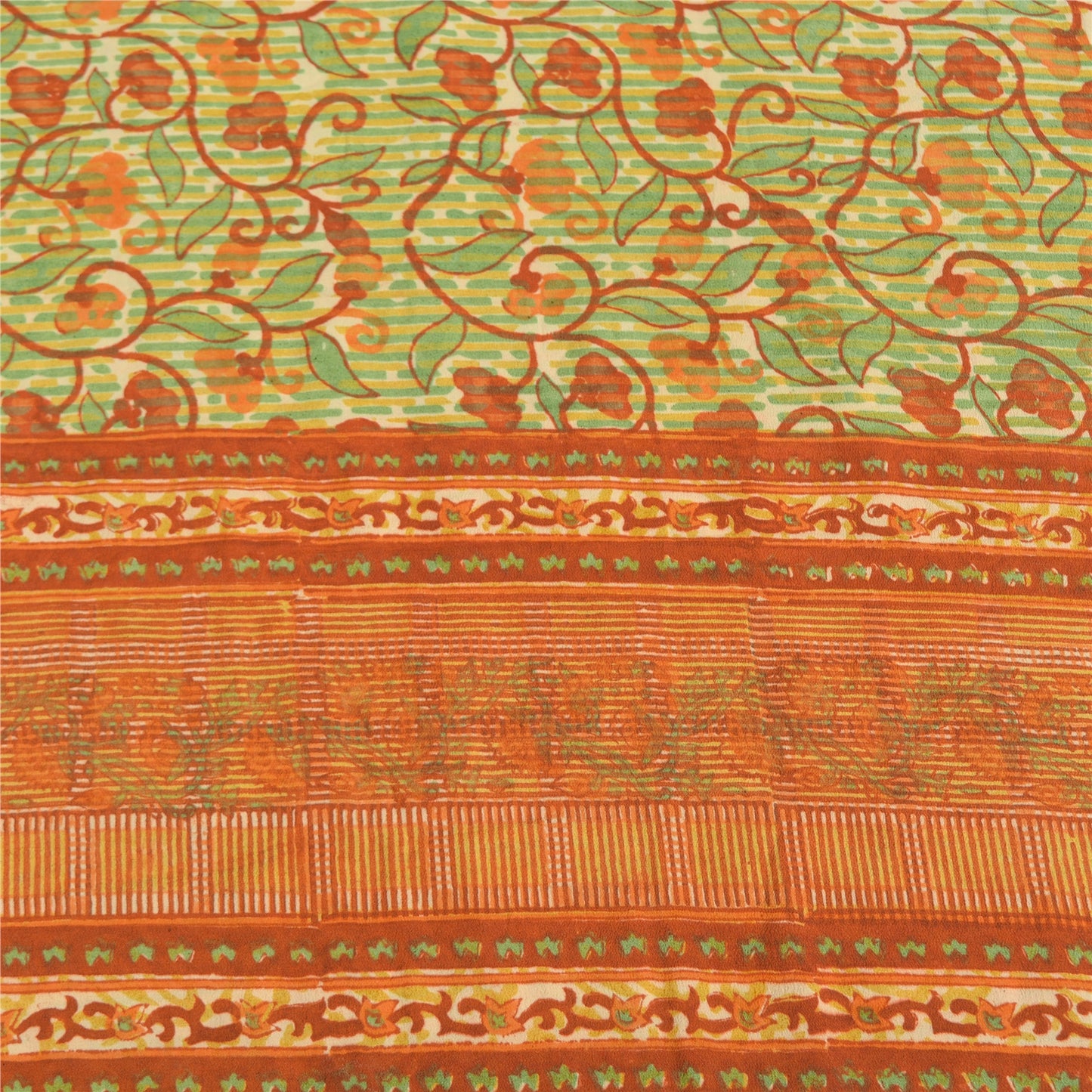 Sanskriti Vintage Sarees Green/Orange Pure Crepe Printed Sari 5yd Craft Fabric