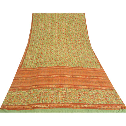 Sanskriti Vintage Sarees Green/Orange Pure Crepe Printed Sari 5yd Craft Fabric