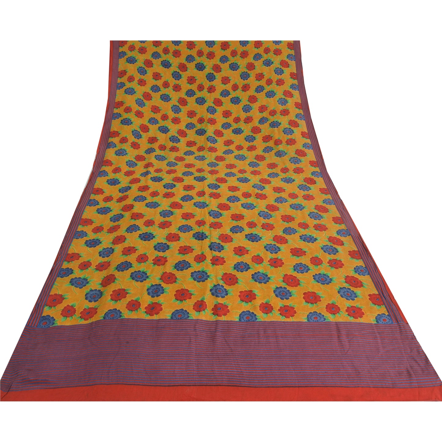 Sanskriti Vintage Sarees Saffron Pure Crepe Silk Printed Sari 5yd Craft Fabric