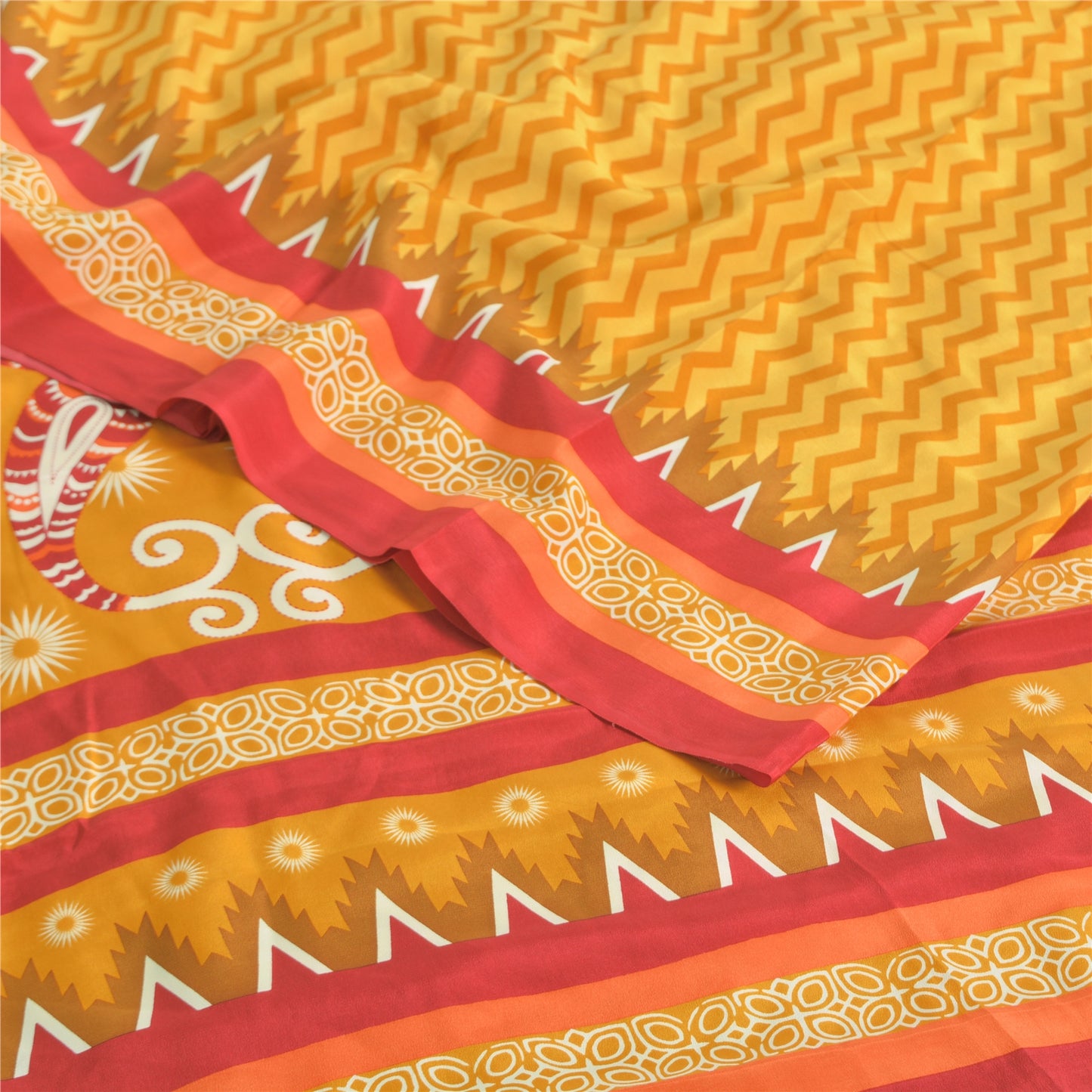 Sanskriti Vintage Sarees Yellow Pure Crepe Silk Printed Sari 5yd Craft Fabric