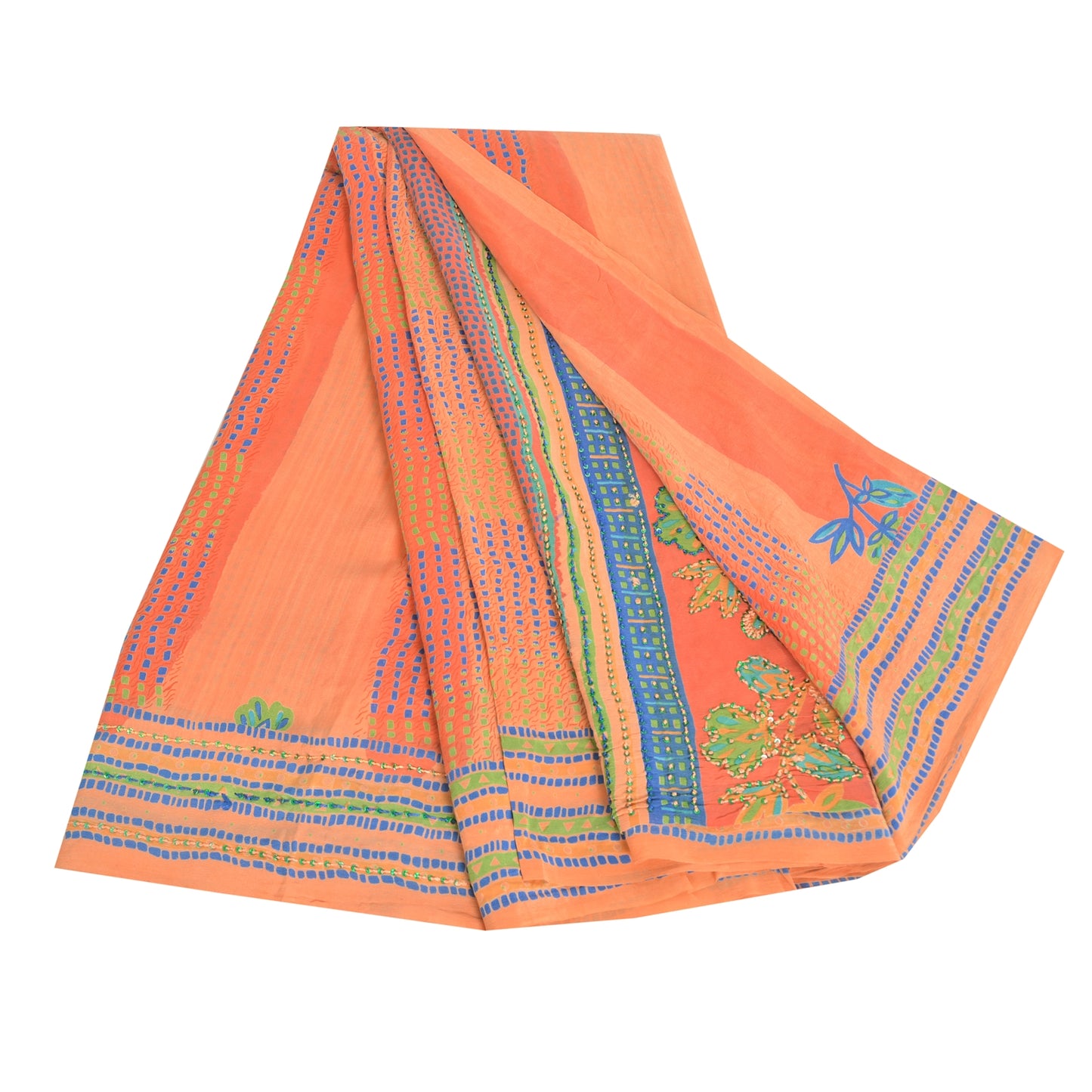 Sanskriti Vintage Sarees Orange/Peach Hand Beaded Pure Crepe Printed Sari Fabric