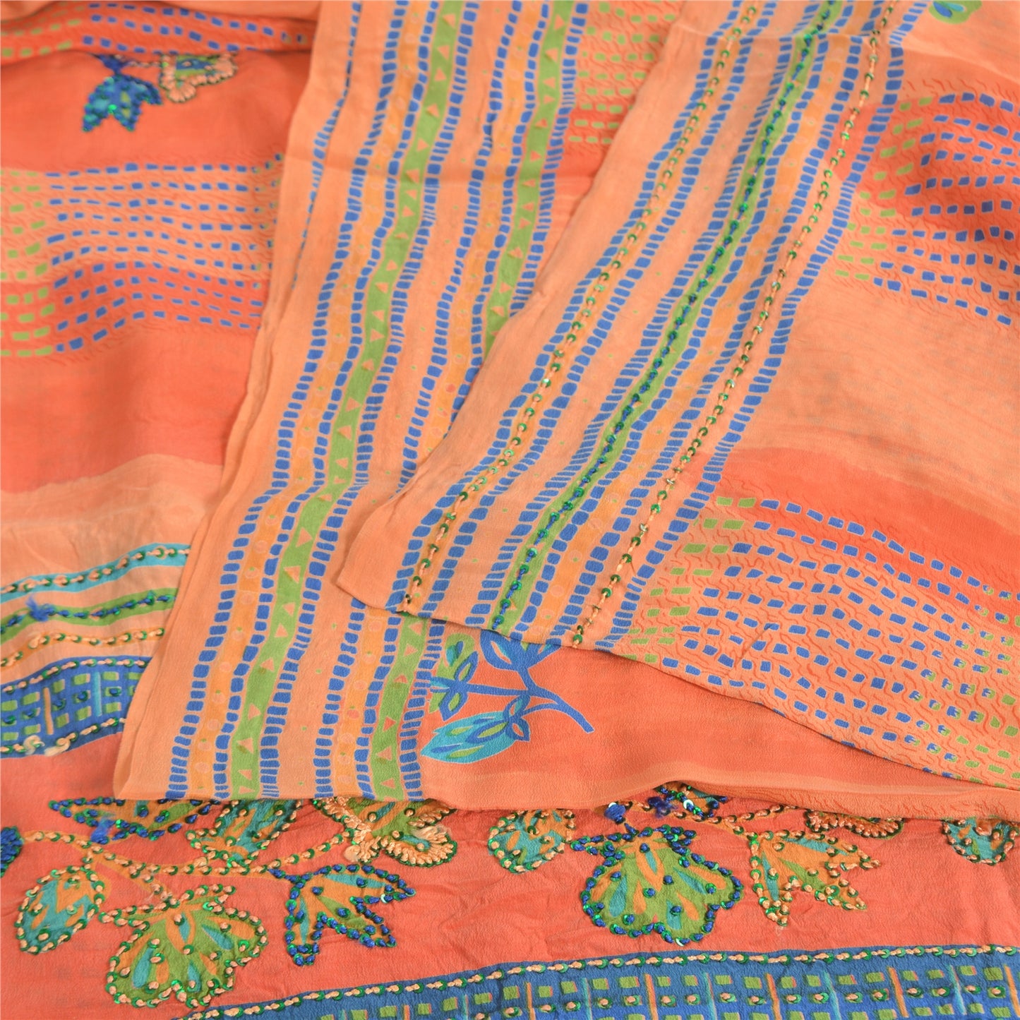 Sanskriti Vintage Sarees Orange/Peach Hand Beaded Pure Crepe Printed Sari Fabric