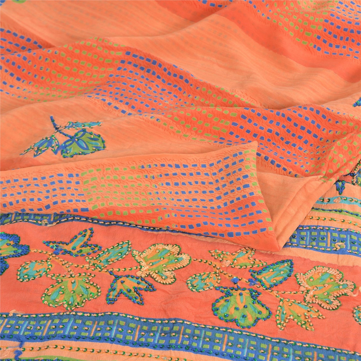 Sanskriti Vintage Sarees Orange/Peach Hand Beaded Pure Crepe Printed Sari Fabric