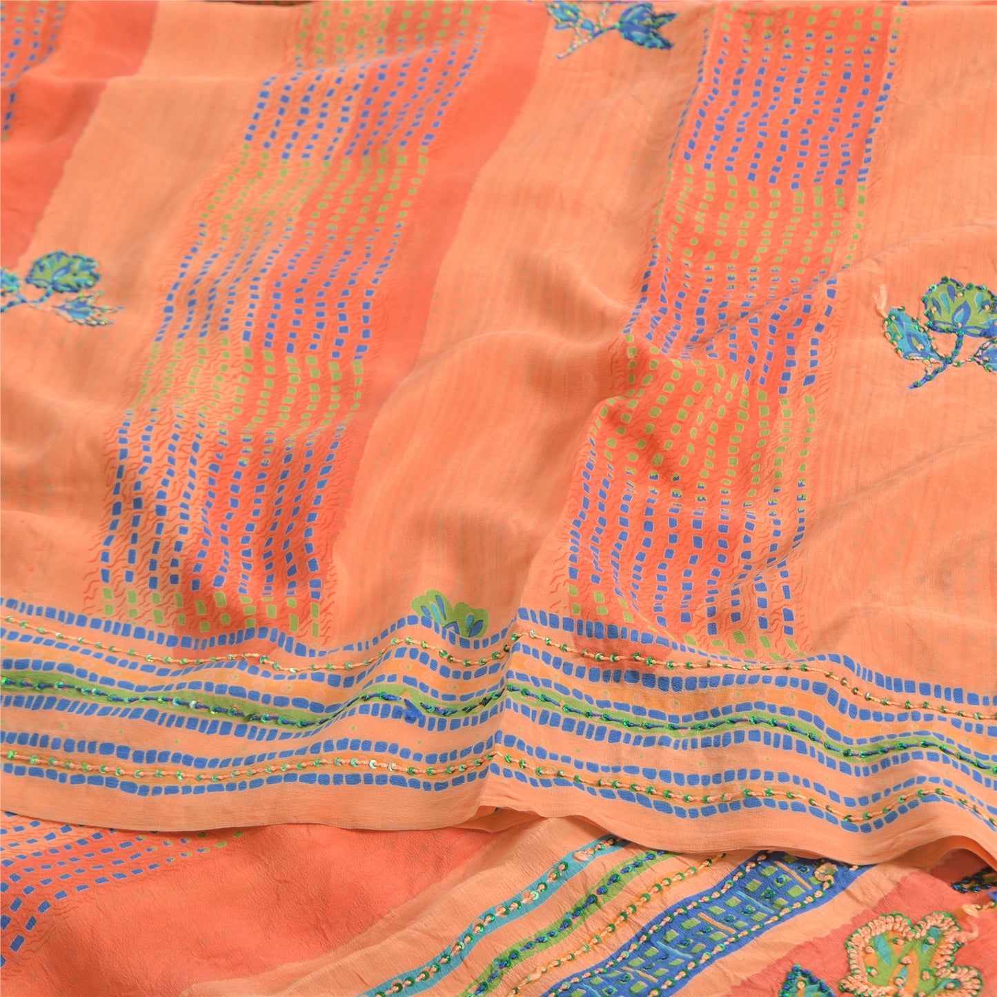 Sanskriti Vintage Sarees Orange/Peach Hand Beaded Pure Crepe Printed Sari Fabric