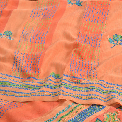 Sanskriti Vintage Sarees Orange/Peach Hand Beaded Pure Crepe Printed Sari Fabric