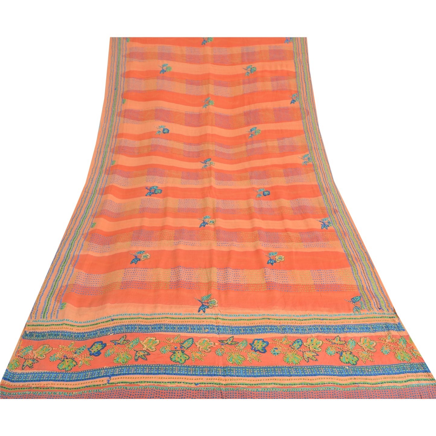 Sanskriti Vintage Sarees Orange/Peach Hand Beaded Pure Crepe Printed Sari Fabric