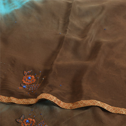 Sanskriti Vintage Sarees Indian Brown Tie-Dye Hand Beaded Pure Crepe Sari Fabric