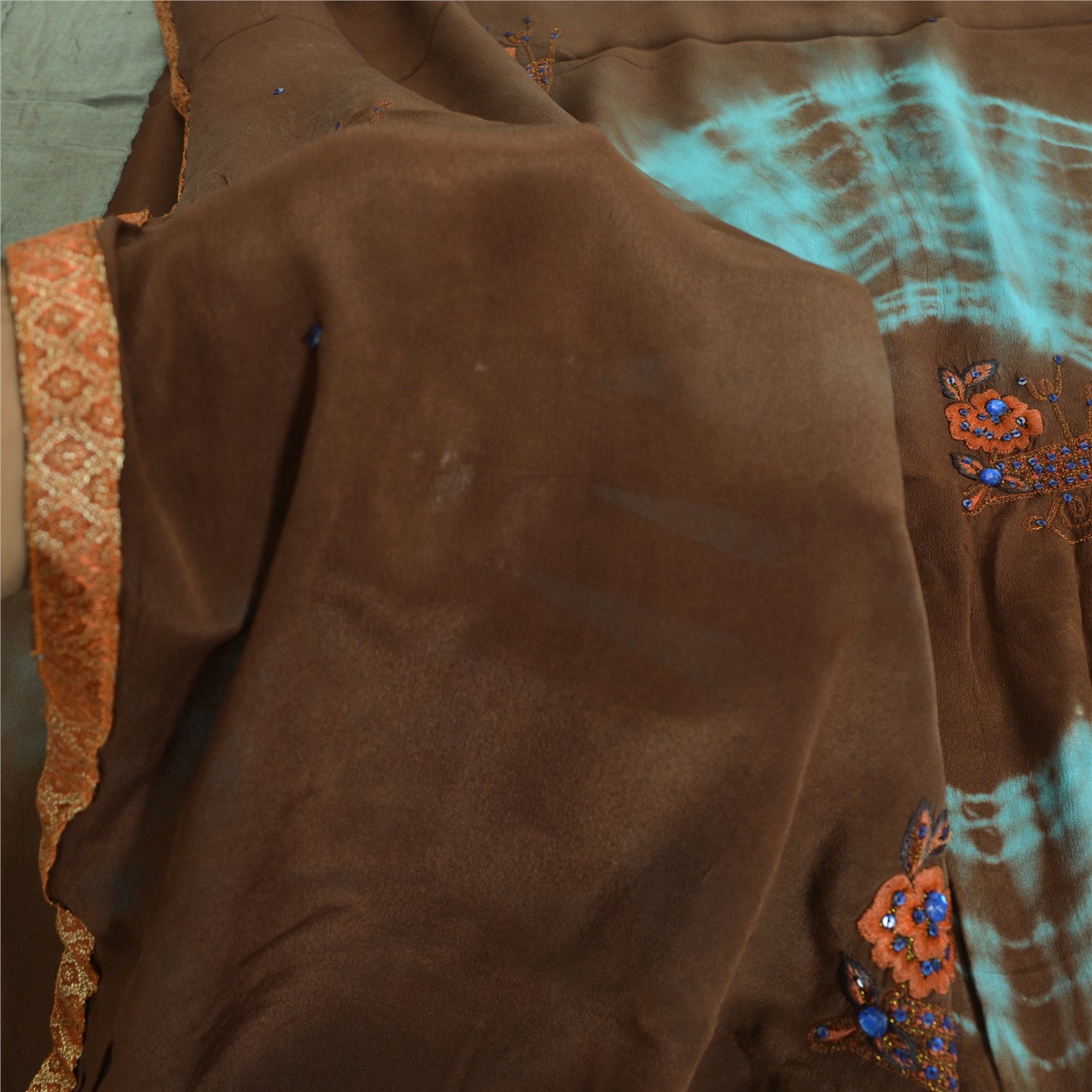 Sanskriti Vintage Sarees Indian Brown Tie-Dye Hand Beaded Pure Crepe Sari Fabric