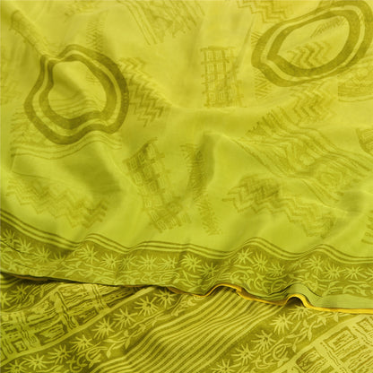 Sanskriti Vintage Sarees Yellow/Green Pure Crepe Silk Printed Sari 5yd Fabric