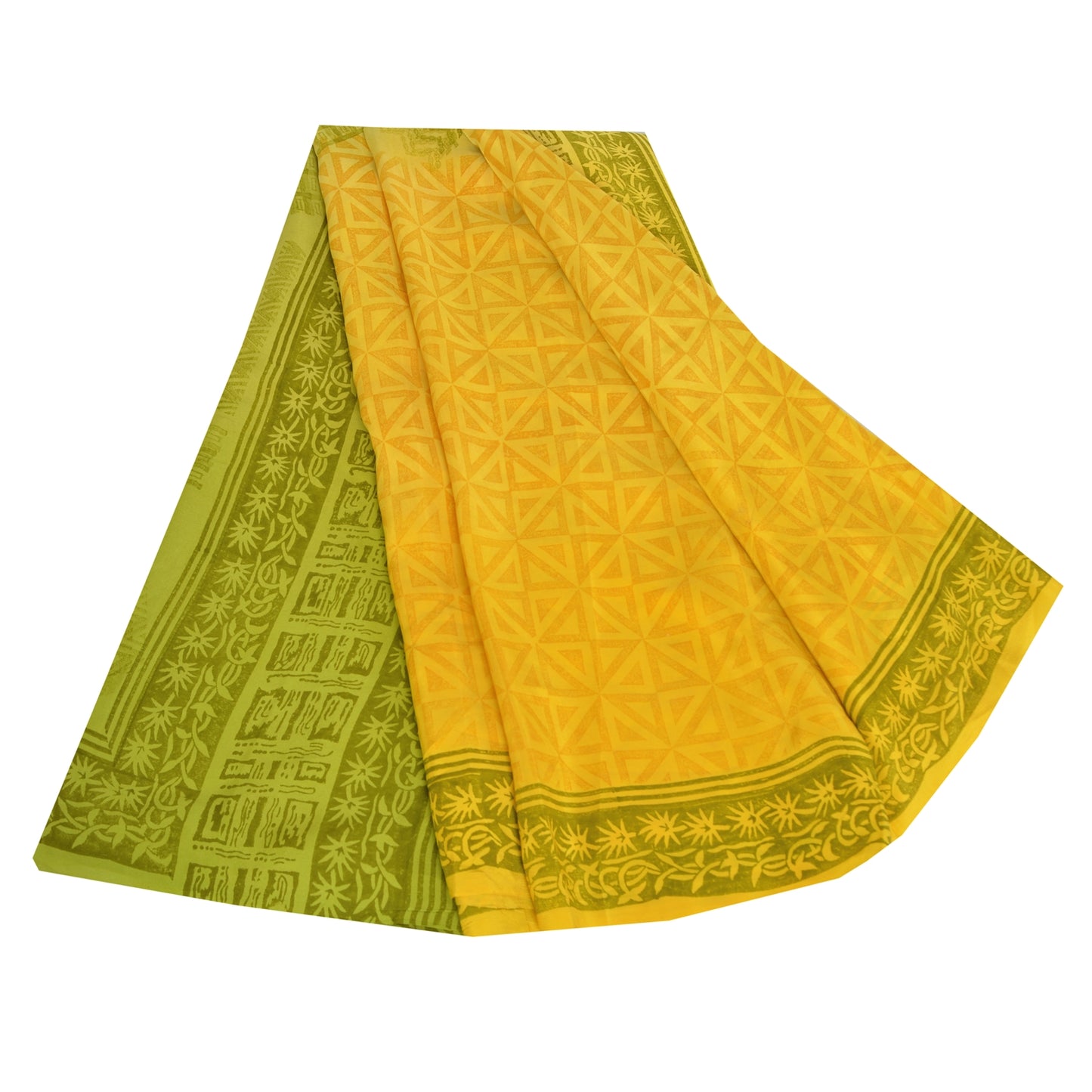 Sanskriti Vintage Sarees Yellow/Green Pure Crepe Silk Printed Sari 5yd Fabric